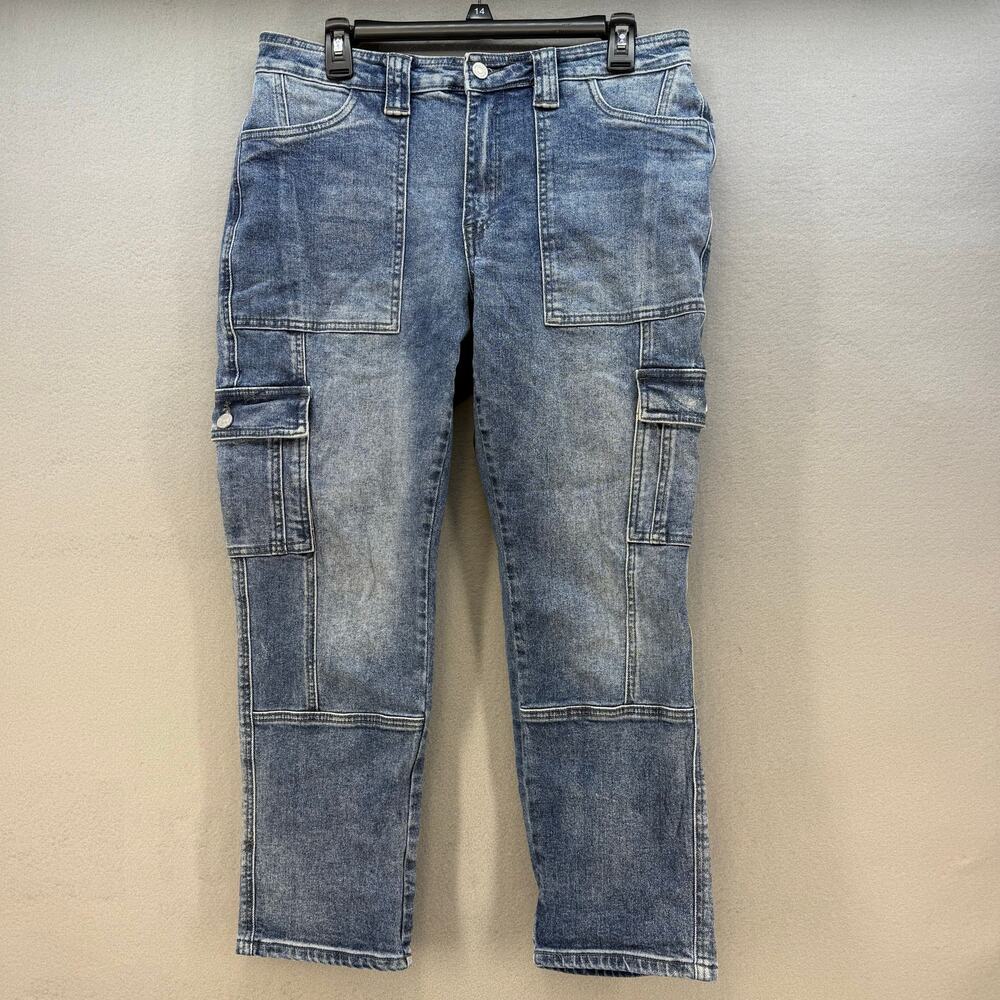 Kancan Jeans Women's 9/28 Blue Stone Washed Avery Straight Cargo Patch Pockets